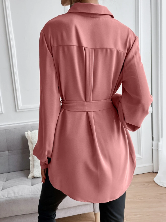 Privé Solid Button Front Belted Shirt