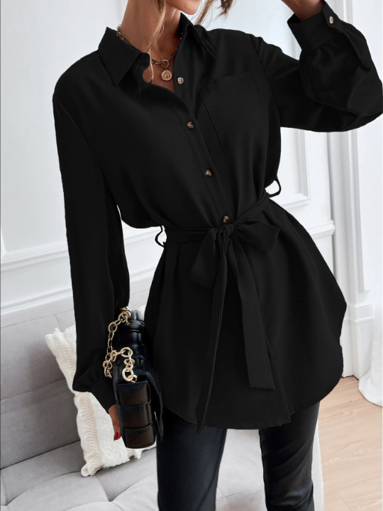 Privé Solid Button Front Belted Shirt