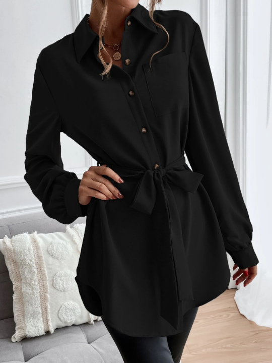 Privé Solid Button Front Belted Shirt