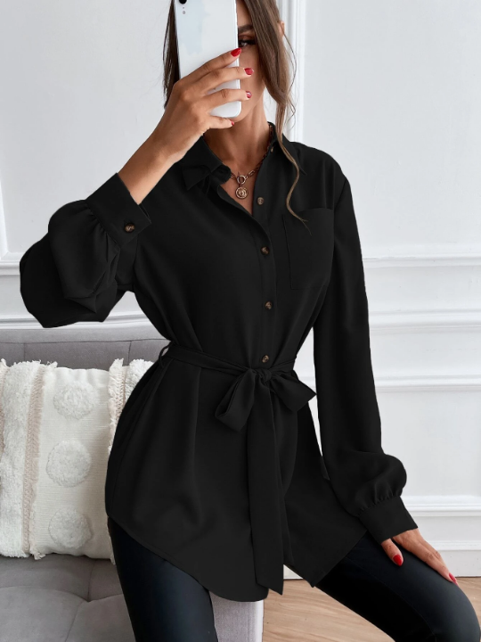 Privé Solid Button Front Belted Shirt