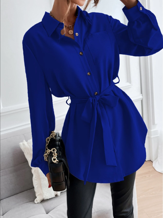 LUNE Solid Button Front Belted Shirt