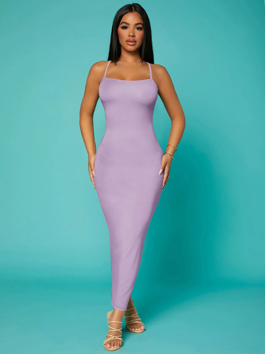 SXY Solid Criss-cross Backless Bodycon Dress