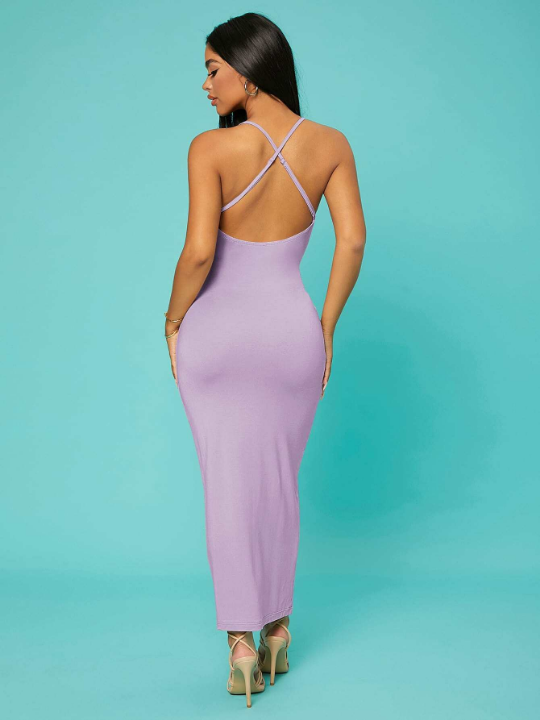 SXY Solid Criss-cross Backless Bodycon Dress