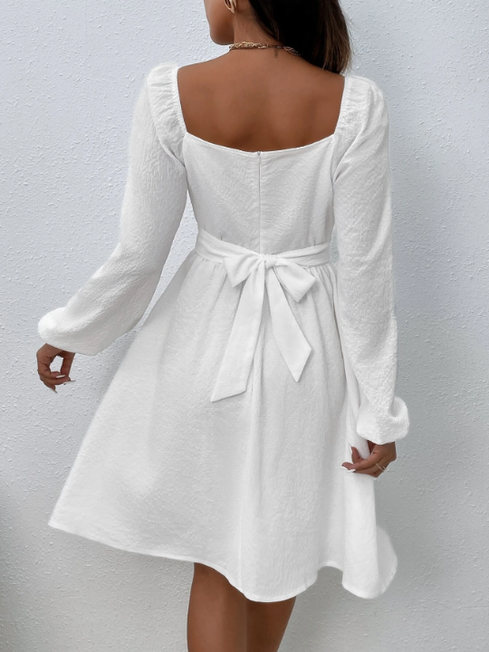 Frenchy Bishop Sleeve Frill Trim Knot Back Dress