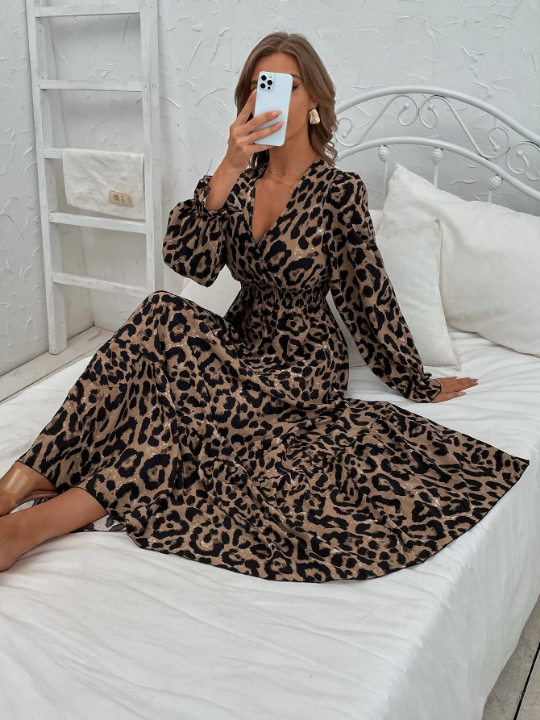 Leopard Print Flounce Sleeve Shirred Dress