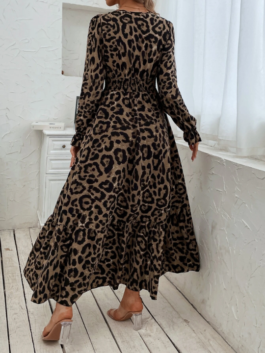 Leopard Print Flounce Sleeve Shirred Dress