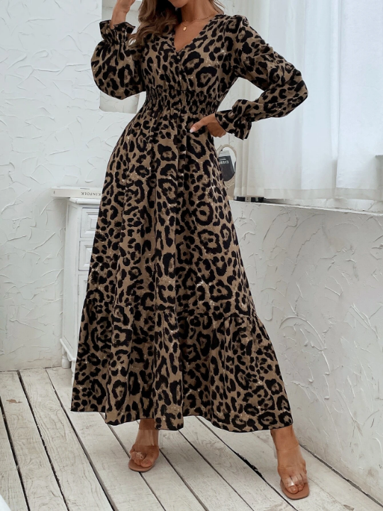 Leopard Print Flounce Sleeve Shirred Dress