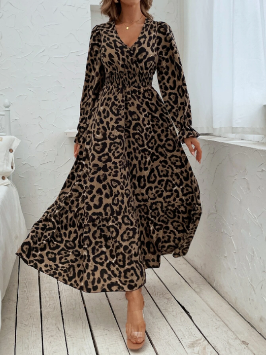 Leopard Print Flounce Sleeve Shirred Dress