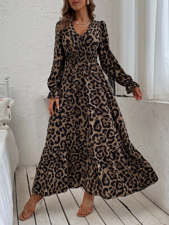 Leopard Print Flounce Sleeve Shirred Dress