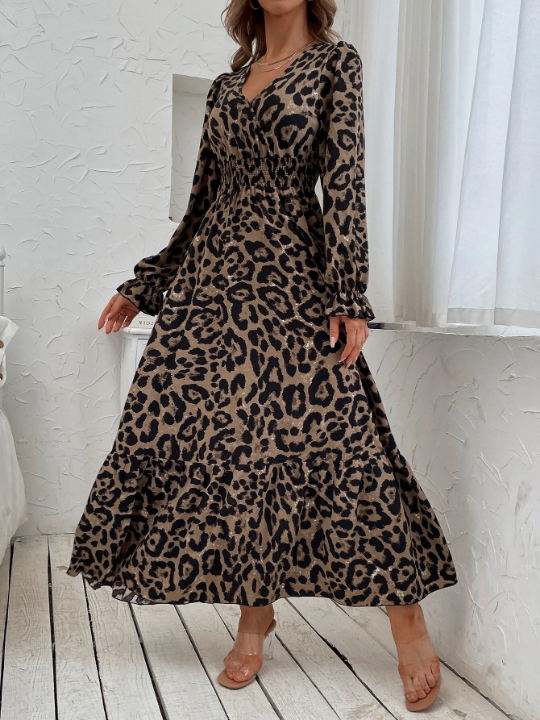 Leopard Print Flounce Sleeve Shirred Dress