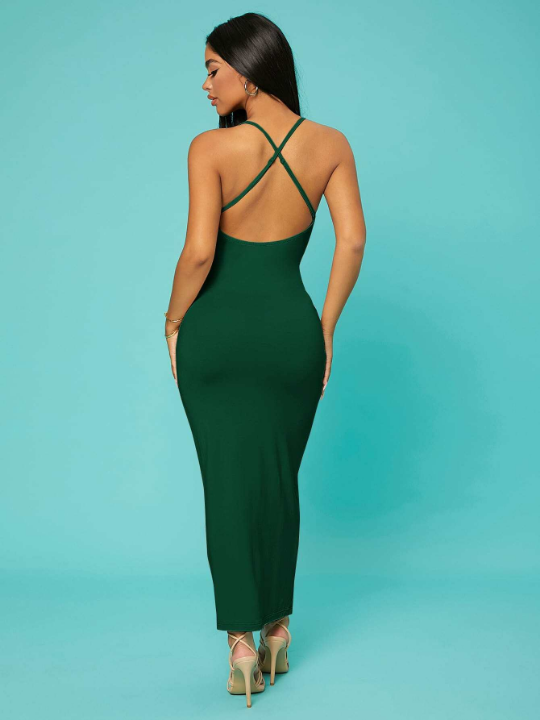 SXY Solid Criss-cross Backless Bodycon Dress