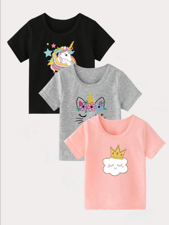 SHEIN Kids QTFun Young Girl 3pcs Crown & Cartoon Graphic Tee