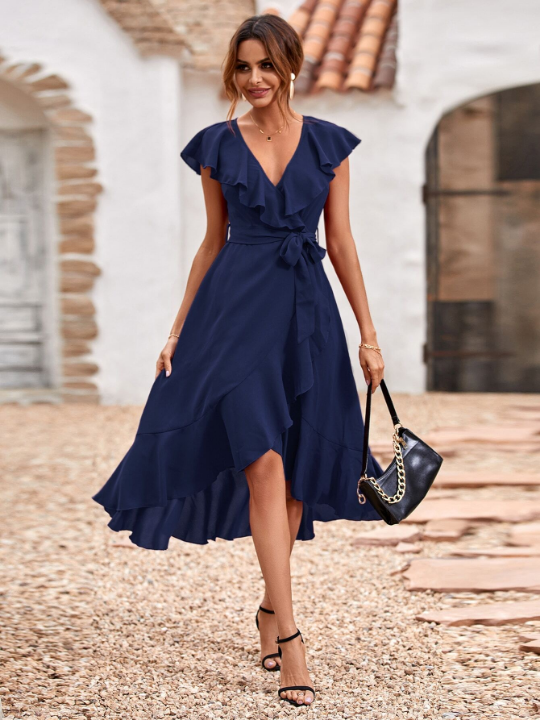 Solid Ruffle Trim Belted Wrap Dress