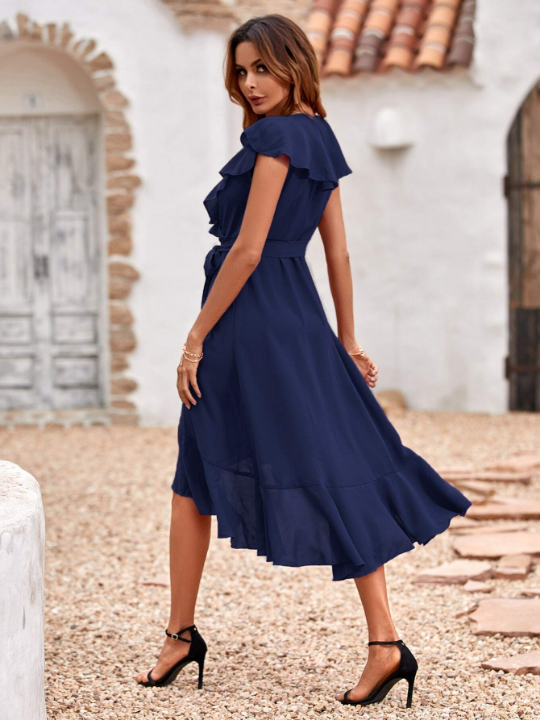 Solid Ruffle Trim Belted Wrap Dress