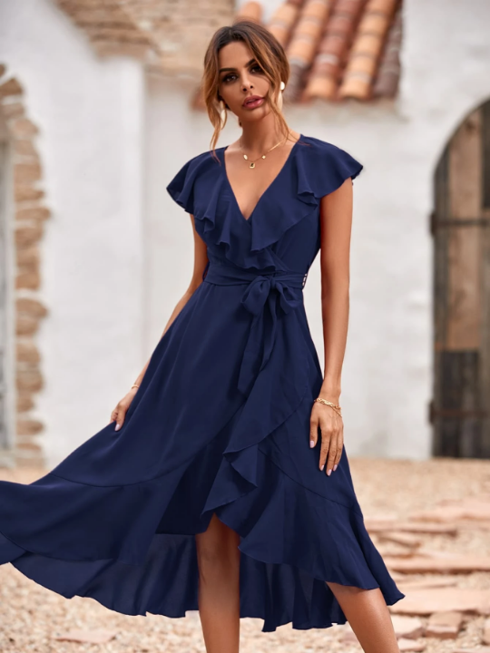 Solid Ruffle Trim Belted Wrap Dress