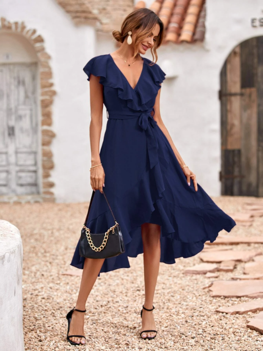 Solid Ruffle Trim Belted Wrap Dress