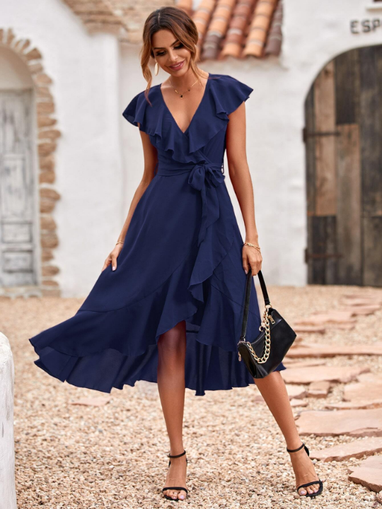 Solid Ruffle Trim Belted Wrap Dress