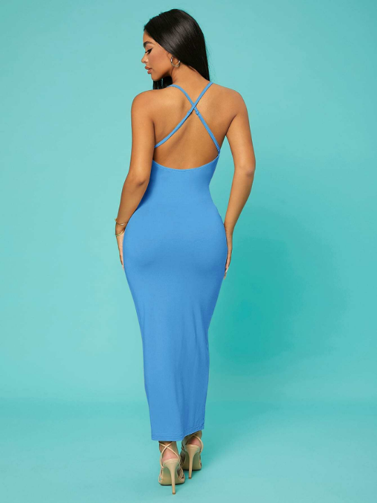 SXY Solid Criss-cross Backless Bodycon Dress