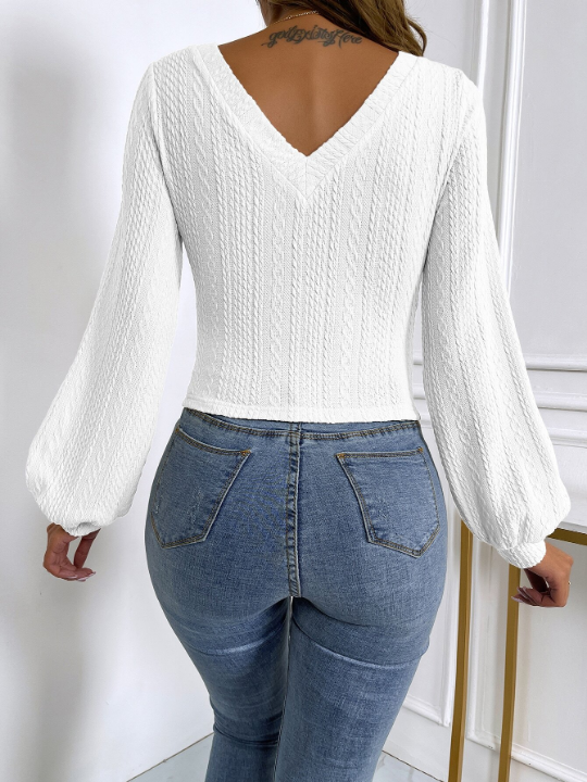 Frenchy Solid Lantern Sleeve V Neck Rib-knit Tee