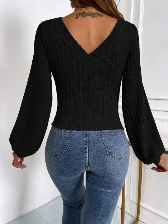 Frenchy Solid Lantern Sleeve V Neck Rib-knit Tee