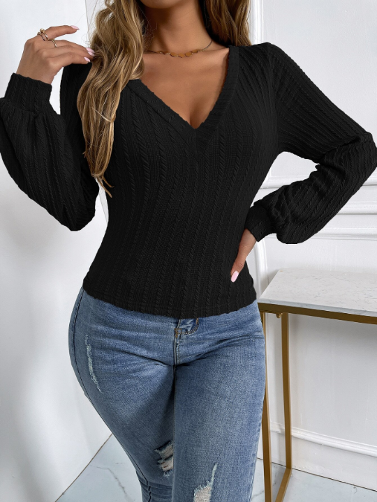 Frenchy Solid Lantern Sleeve V Neck Rib-knit Tee