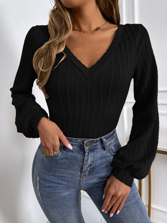 Frenchy Solid Lantern Sleeve V Neck Rib-knit Tee