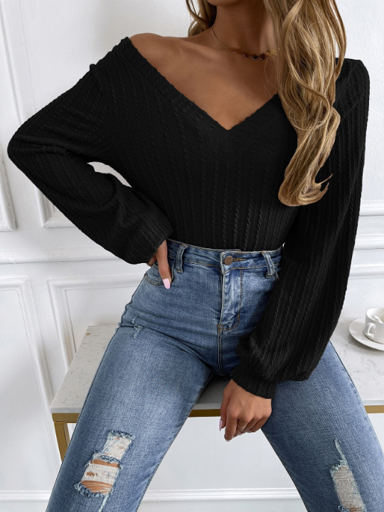 Frenchy Solid Lantern Sleeve V Neck Rib-knit Tee