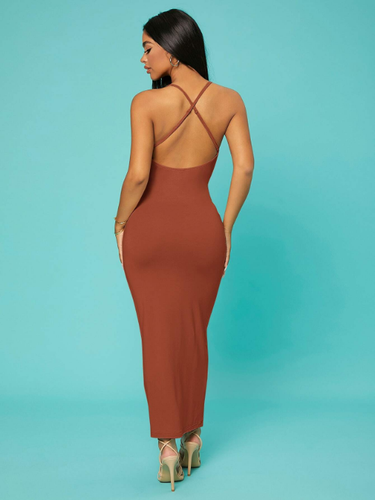 SXY Solid Criss-cross Backless Bodycon Dress