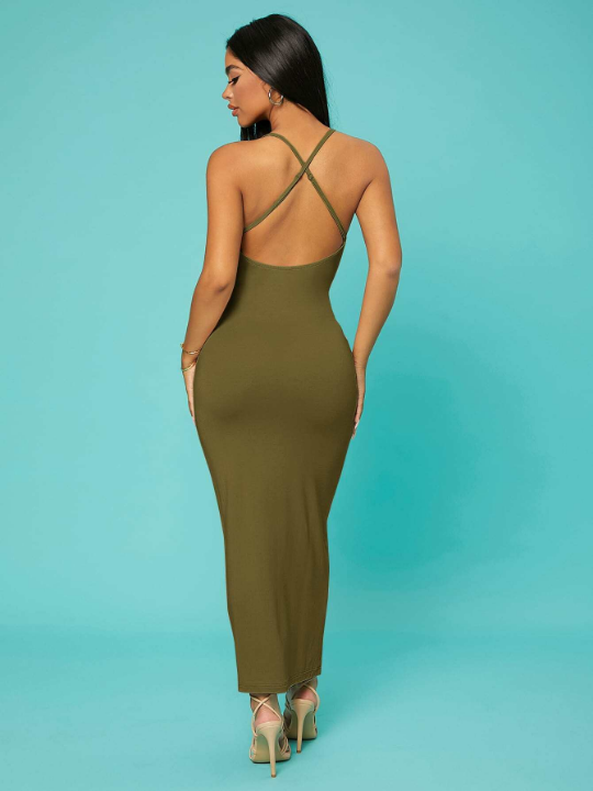 SXY Solid Criss-cross Backless Bodycon Dress