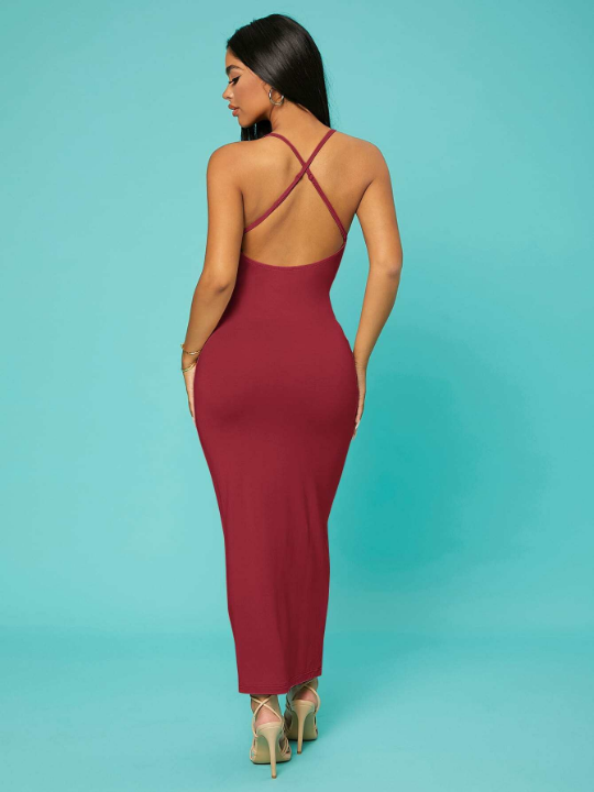 SXY Solid Criss-cross Backless Bodycon Dress