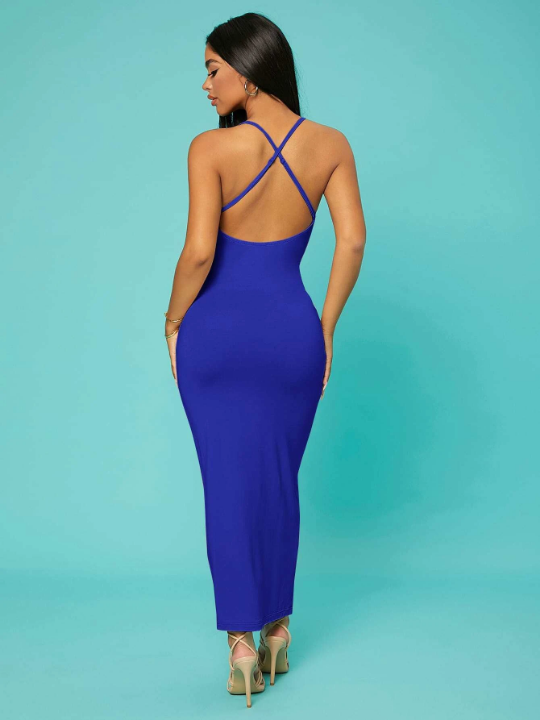 SXY Solid Criss-cross Backless Bodycon Dress