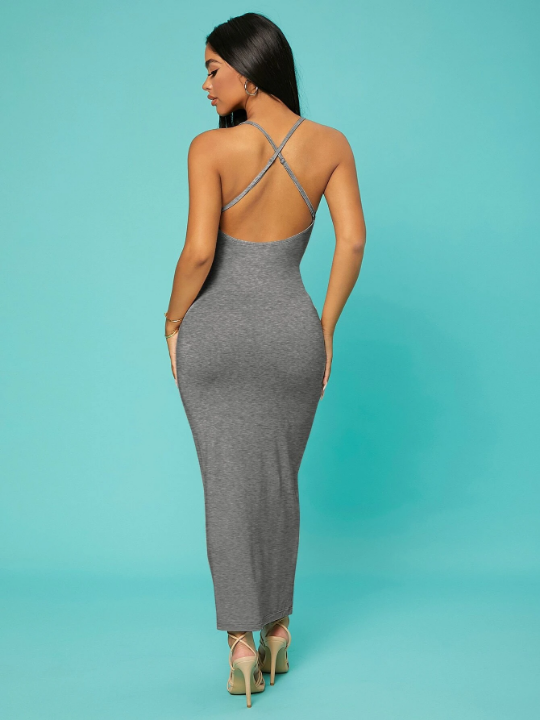 SXY Solid Criss-cross Backless Bodycon Dress