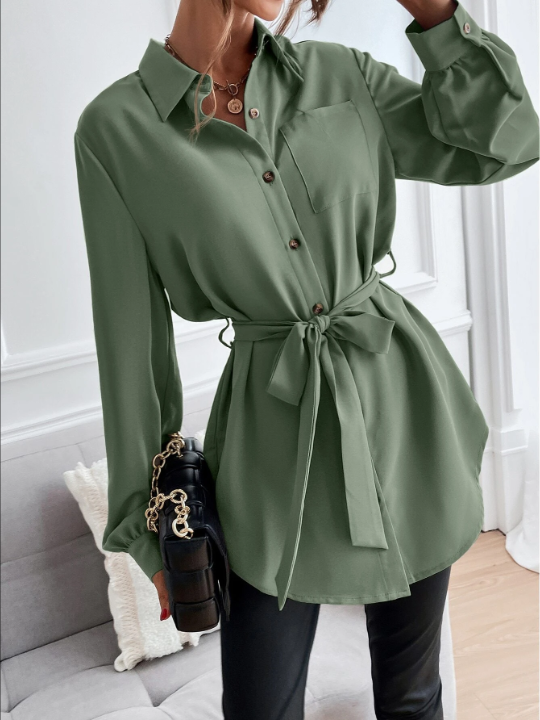 LUNE Solid Button Front Belted Shirt