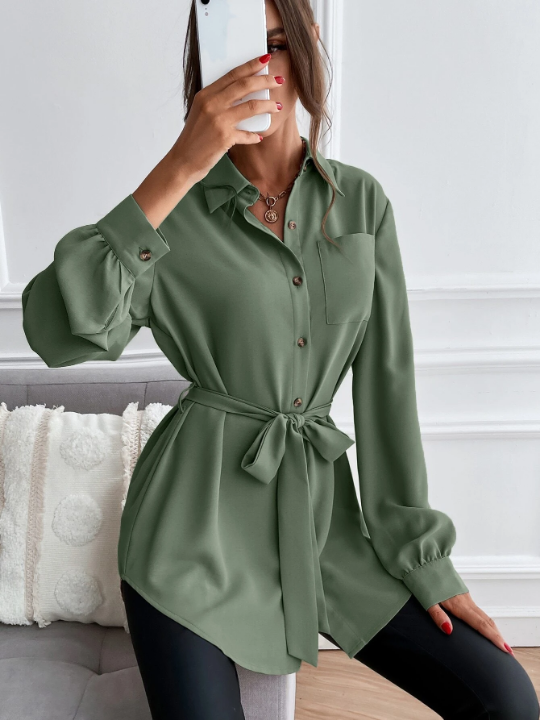 LUNE Solid Button Front Belted Shirt