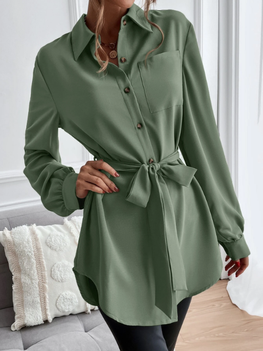 LUNE Solid Button Front Belted Shirt