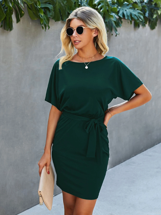 LUNE Solid Batwing Sleeve Belted Fitted Dress