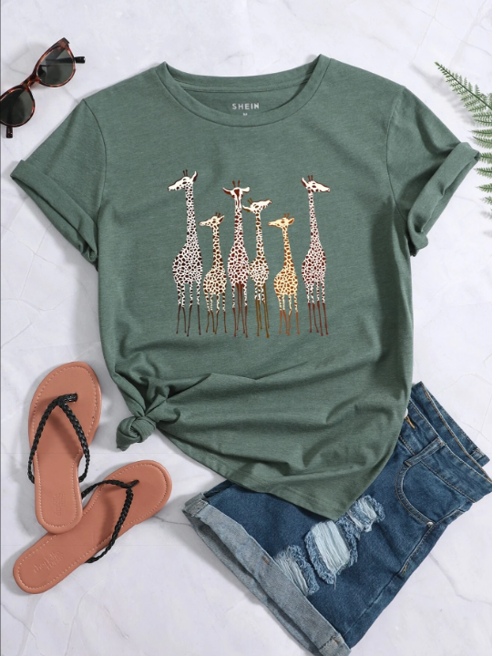 LUNE Giraffe Print Crew Neck Tee