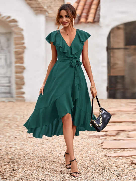 VCAY Solid Ruffle Trim Belted Wrap Dress