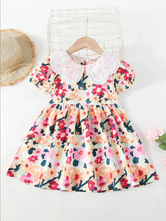 SHEIN Young Girl Cute Floral Print A-line Dress With Short Sleeves And Doll Collar, Suitable For Summer, Spring And Autumn
