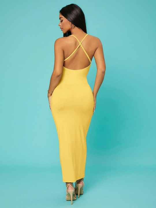 SXY Solid Criss-cross Backless Bodycon Dress