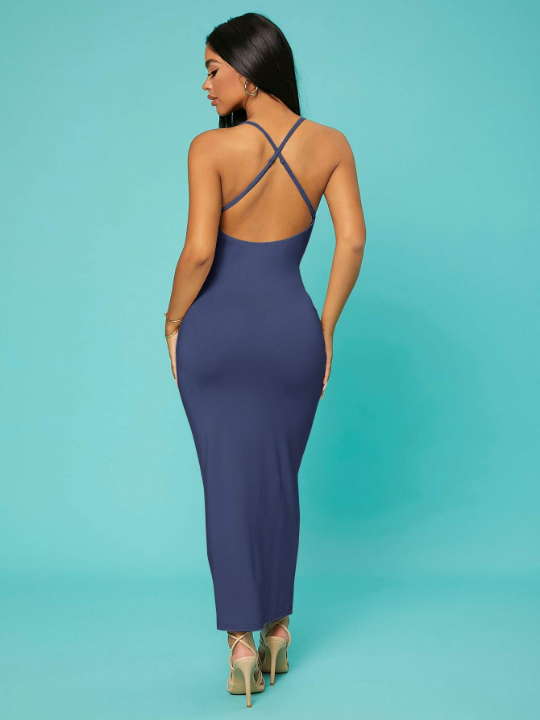 SXY Solid Criss-cross Backless Bodycon Dress