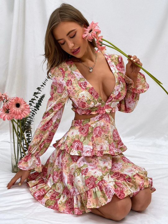 Priv Floral Print Plunging Neck Tie Back Flounce Sleeve Chiffon Dress