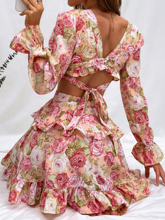 Priv Floral Print Plunging Neck Tie Back Flounce Sleeve Chiffon Dress