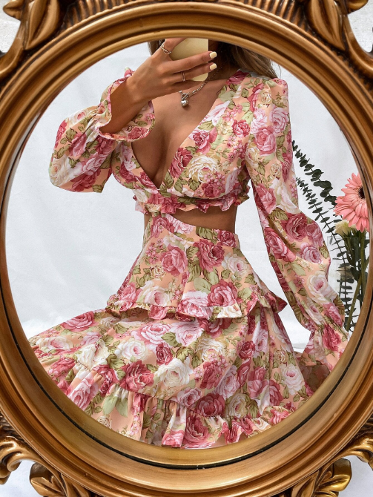 Priv Floral Print Plunging Neck Tie Back Flounce Sleeve Chiffon Dress