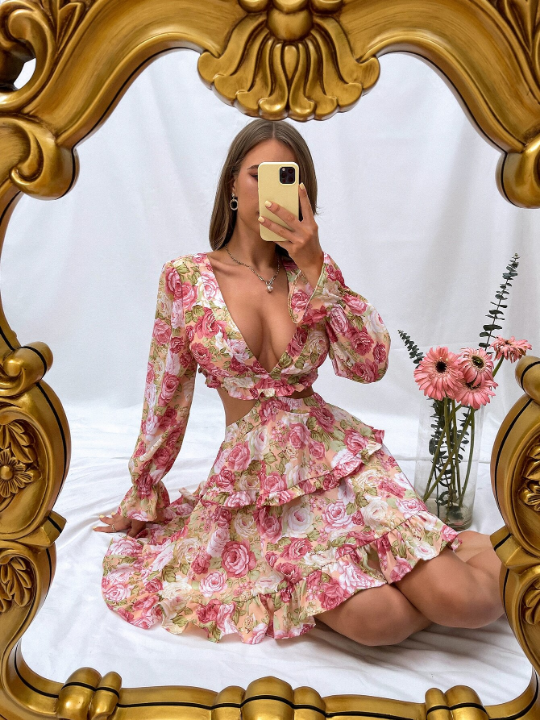 Priv Floral Print Plunging Neck Tie Back Flounce Sleeve Chiffon Dress