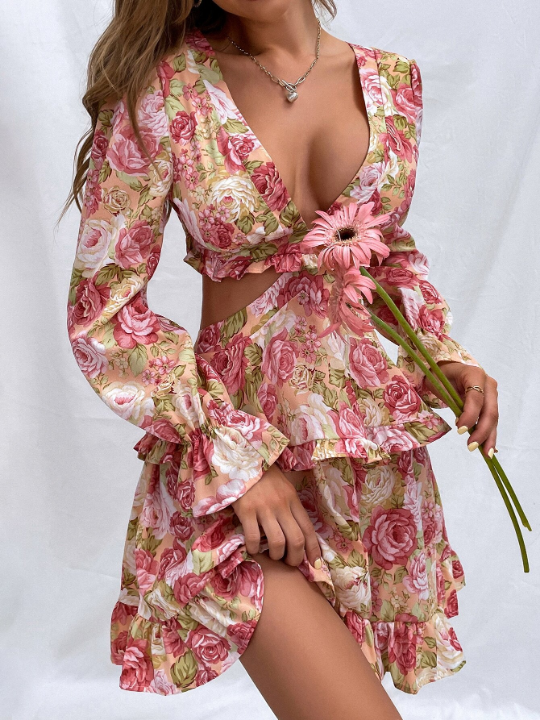 Priv Floral Print Plunging Neck Tie Back Flounce Sleeve Chiffon Dress