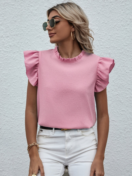 VCAY Mock Neck Frill Trim Ruffle Blouse