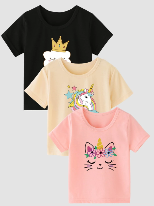 SHEIN Kids QTFun Young Girl Toddler Girls 3pcs Crown & Cartoon Graphic Tee