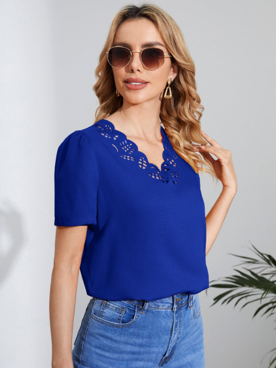 Clasi Solid Scallop Trim Cut Out Blouse