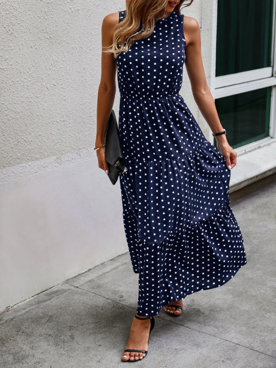 LUNE Polka Dot Sleeveless Ruffle Hem A-line Dress